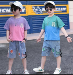 AO0402-01 طقم ولادي جينز ( بلوزة قطنية + شورت جينز ناعم )