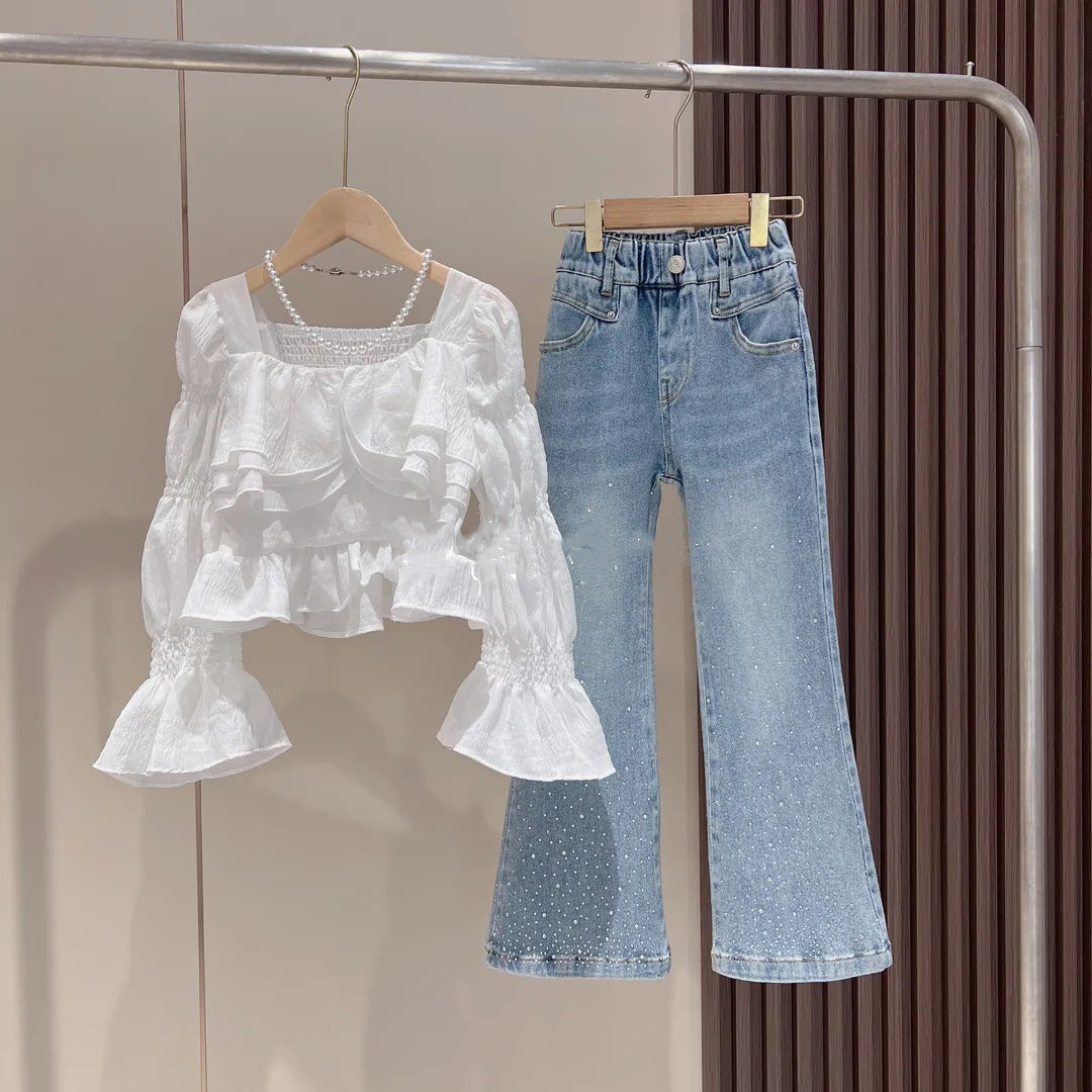 طقم صيفي قطعتين ( بلوزة + بنطلون جينز مزين بالستراس) RM150424-39