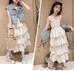 RM150424-25 فستان صيفي طبقات + فست جينز ناعم