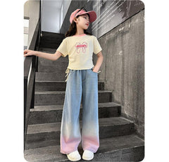 RM150424-31 طقم بناتي جينز صيفي قطعتين ( بلوزة + بنطلون جينز صيفي خفيف)