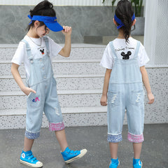 طقم جينز بناتي قطعتين ( بلوزة قطن + (افرهول جينز ) SSP-1638G