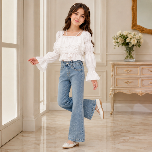 طقم صيفي قطعتين ( بلوزة + بنطلون جينز مزين بالستراس) RM150424-39