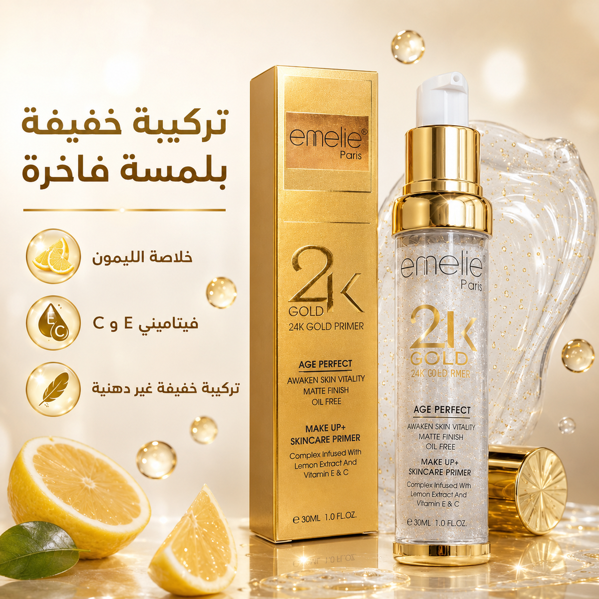 برايمر 24K جولد من إميلي باريس بفيتامين Eو C- قاعدة مكياج ناعمة بلمسة ذهبية - Emelie Paris 24K Gold Primer CAS-20260610-030322-956