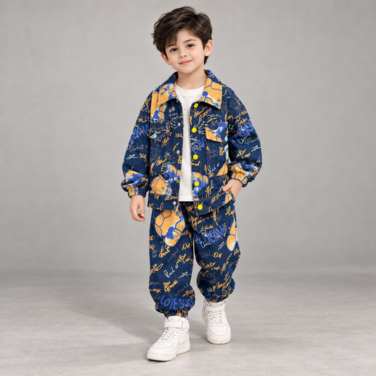 RM1227-17 طقم جينز برسومات مميزة بجي قطعتين ( جكيت + بنطلون)