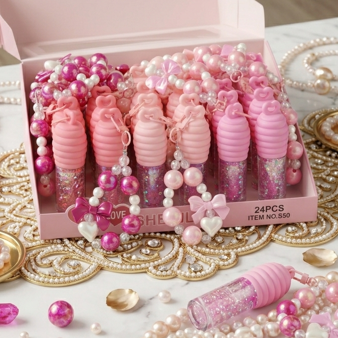 جلوس بلون زهري فاتح سحري لامع مع ميدالية أنيقة – Sweet Lip Gloss Cos-220426-23