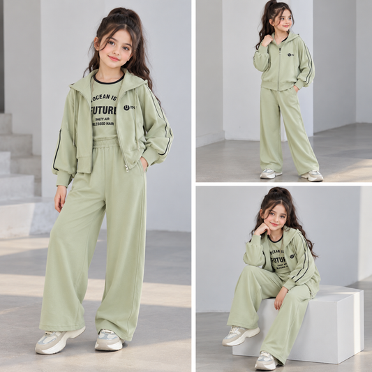RM150424-3 طقم بناتي سبورت 3 قطع ( بلوزة + جكيت + بنطلون)