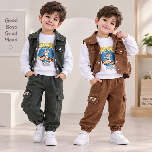 SSX220824-161 طقم ولادي 3 قطع ( بلوزة + فست جينز + بنطلون جينز)
