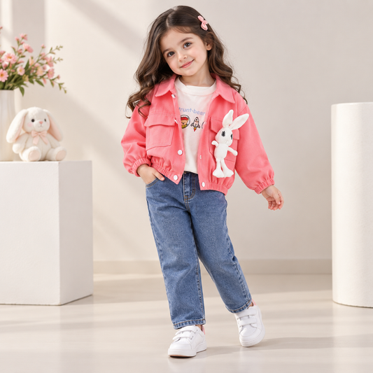 AO0508-42 طقم جينز 3 قطع ( بلوزة قطنية + جكيت كتان + بنطلون جينز)